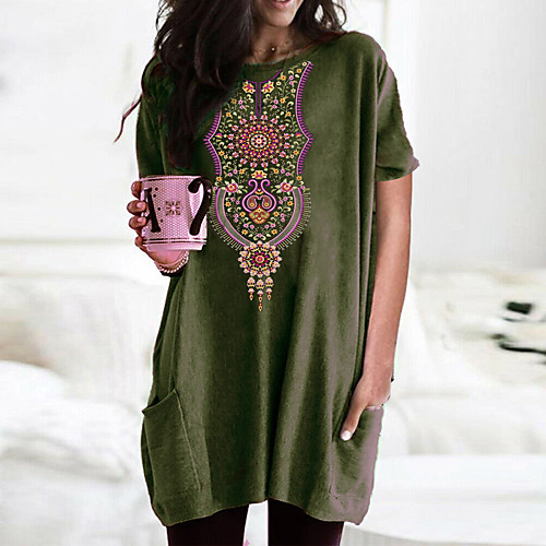 

Women's T shirt Dress Floral Graphic Tribal Round Neck Tops Basic Basic Top Black Wine Army Green