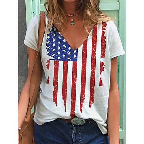 

Women's T shirt American Flag National Flag V Neck Basic Tops White