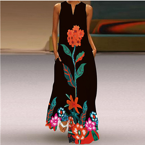 

Women's Shift Dress Maxi long Dress Orange flower Red flower Golden Flower Sleeveless Pattern Summer Casual / Daily 2021 S M L XL XXL XXXL