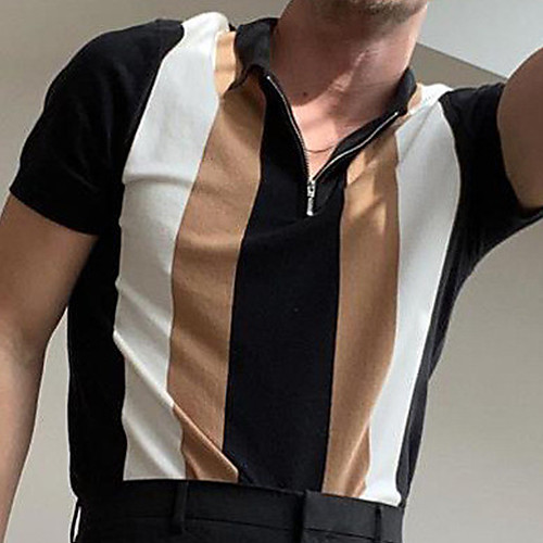 

Men's Shirt Striped Zipper Short Sleeve Casual Tops Casual Fashion Breathable Comfortable Black