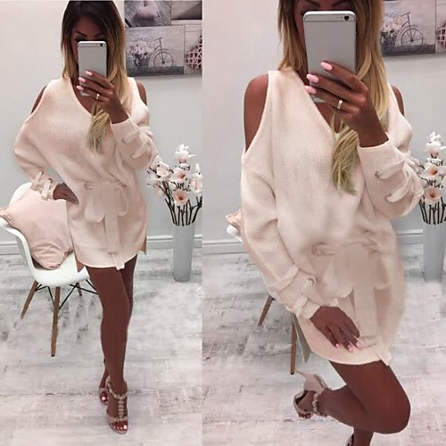 

Women's Solid Color Sweater Sweater Dress Long Sleeve Sweater Cardigans Round Neck White Black Blushing Pink