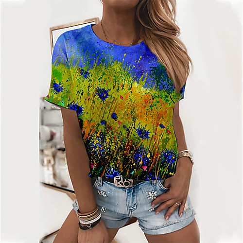 

Women's Floral Theme Abstract Painting T shirt Floral Graphic Print Round Neck Basic Tops Blue Yellow