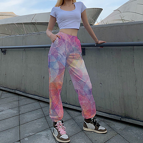 

Women's Fashion Casual / Sporty Comfort Fitness Weekend Sweatpants Pants Color Block Geometry Full Length Pocket Print Blushing Pink