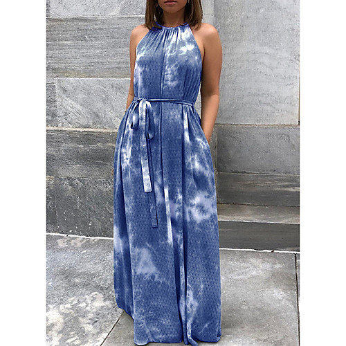

Women's Shift Dress Maxi long Dress Blue Green Red Sleeveless Tie Dye Print Fall Summer Halter Neck Elegant 2021 S M L XL XXL