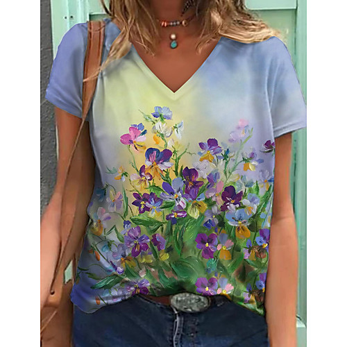 

Women's Floral Theme Painting T shirt Floral Graphic Print V Neck Basic Tops Blue