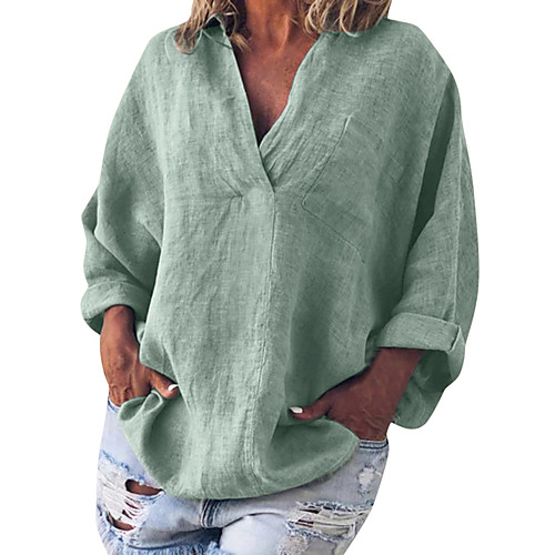

Women's Blouse Shirt Plain Long Sleeve V Neck Basic Streetwear Tops Blue Orange Khaki
