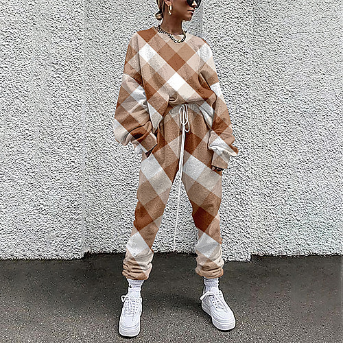 

Women's Basic Streetwear Plaid Color Block Vacation Casual / Daily Two Piece Set Crew Neck Tracksuit T shirt Pant Loungewear Drawstring Print Tops / Loose