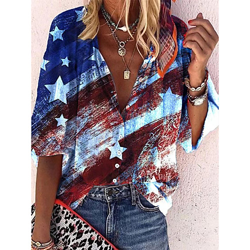 

Women's Blouse Shirt National Flag Print Shirt Collar Tops Royal Blue