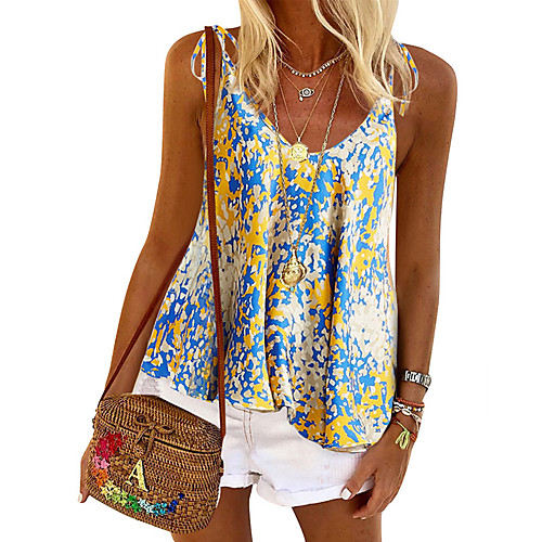 

Women's Camisole Blouse Graphic Print U Neck Beach Boho Tops Loose Blue Purple Blushing Pink