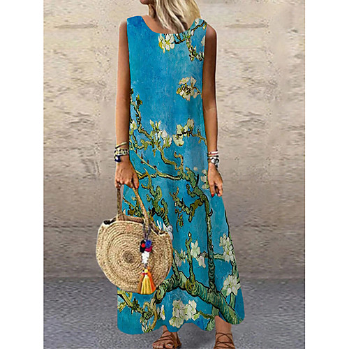 

Women's Shift Dress Maxi long Dress Blue Sleeveless Floral Print Print Spring Summer Round Neck Casual Holiday 2021 S M L XL XXL 3XL