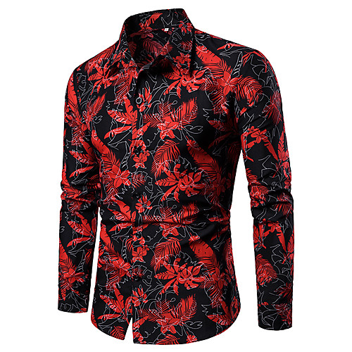 

Men's Shirt Other Prints Leaves Print Long Sleeve Daily Tops Beach Button Down Collar Blue Red