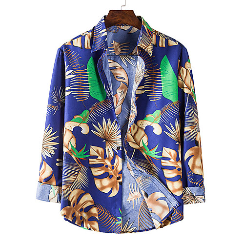 

Men's Shirt Other Prints Graphic Leaves Long Sleeve Casual Tops Casual White Blue
