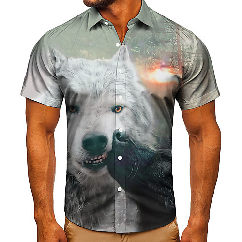 

Men's Shirt 3D Print Graphic Prints Wolf Button-Down Short Sleeve Street Tops Casual Fashion Classic Breathable Gray