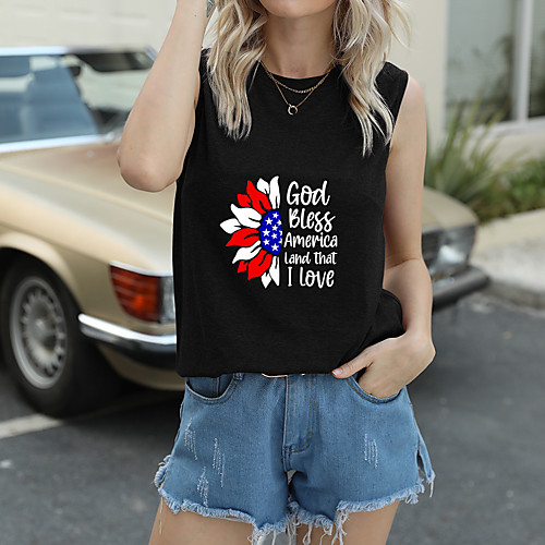 

Women's Floral Theme Independence Day Tank Top T shirt Floral USA Sunflower Print Round Neck Basic Streetwear Tops White Purple Yellow