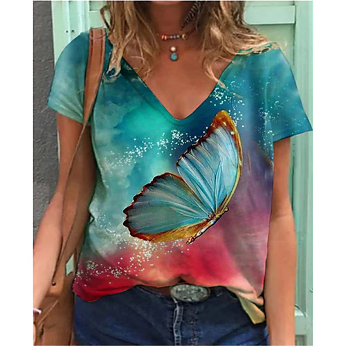 

Women's T shirt Butterfly V Neck Tops Basic Basic Top Blue