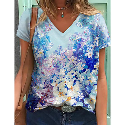 

Women's Floral Theme Painting T shirt Floral Graphic Print V Neck Basic Tops Blue