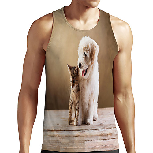 

Men's Unisex Tank Top Undershirt 3D Print Dog Graphic Prints Animal Plus Size Print Sleeveless Casual Tops Basic Designer Big and Tall Khaki