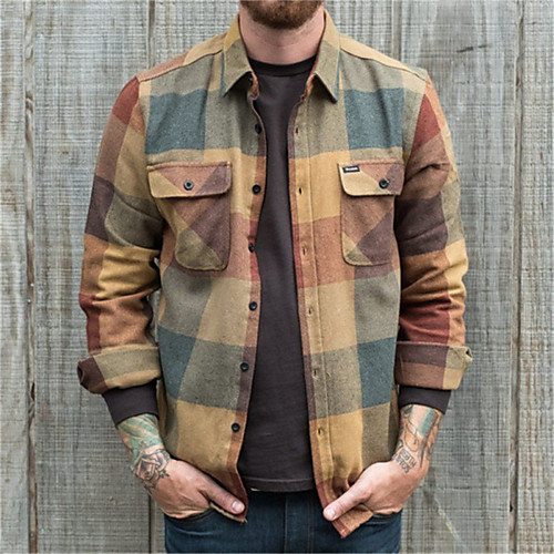 

Men's Shirt Color Block Button-Down Long Sleeve Casual Tops Casual Fashion Breathable Comfortable Brown