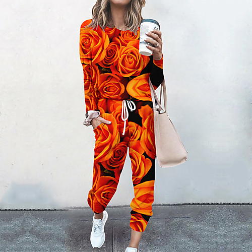 

Women's Basic Streetwear Floral 3D Print Heart Vacation Casual / Daily Two Piece Set Crew Neck Tracksuit T shirt Pant Loungewear Drawstring Print Tops / Loose