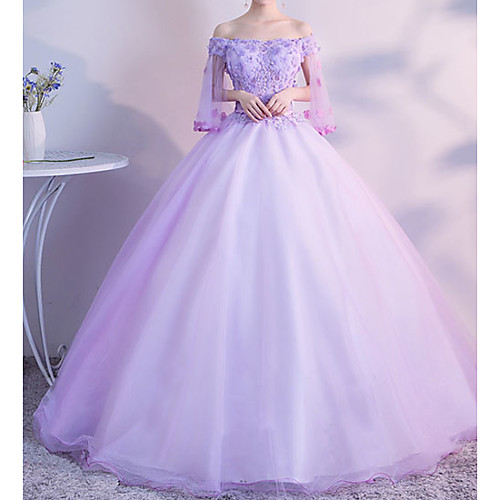 

Ball Gown Elegant Floral Quinceanera Formal Evening Dress Off Shoulder Half Sleeve Floor Length Tulle with Appliques 2021