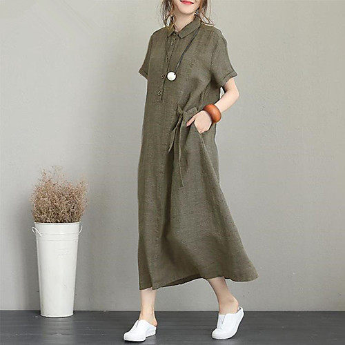 

Women's Shirt Dress Maxi long Dress ArmyGreen Black Short Sleeve Solid Color Spring Summer Casual / Daily Loose 2021 S M L XL 2XL 3XL 4XL 5XL / Cotton / Cotton