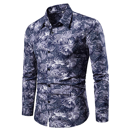 

Men's Shirt Other Prints Leaves Print Long Sleeve Daily Tops Beach Button Down Collar Blue Black