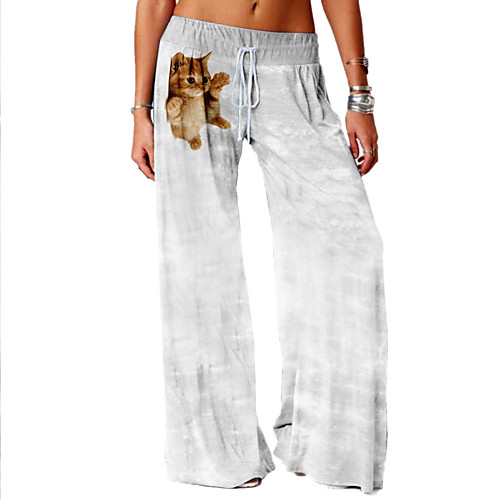 

Women's Basic Soft Comfort Daily Home Wide Leg Pants 3D Print Cat Animal Full Length Elastic Drawstring Design Print Yellow Khaki