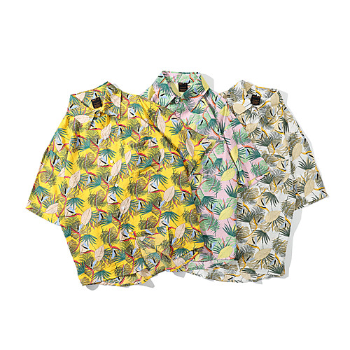 

Men's Shirt Other Prints Plants Graphic Button-Down Print Short Sleeve Casual Tops 100% Cotton Basic Hawaiian Distressed White Yellow Blushing Pink