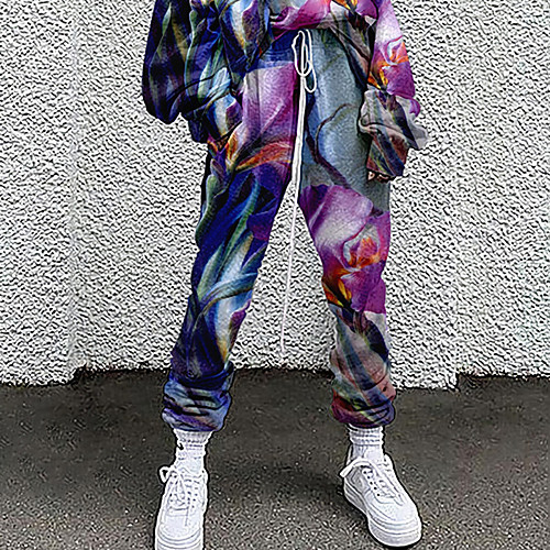 

Women's Fashion Casual / Sporty Comfort Daily Weekend Sweatpants Pants Flower / Floral Full Length Pocket Elastic Drawstring Design Print Blue Blushing Pink