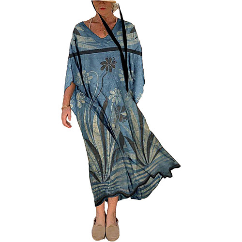 

Women's A Line Dress Midi Dress Light Blue Purple khaki Orange Red 3/4 Length Sleeve Geometic Print Spring Summer V Neck Casual 2021 S M L XL XXL XXXL 4XL 5XL