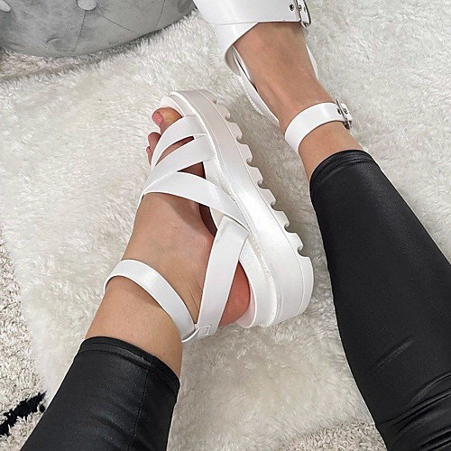 

Women's Sandals Platform Sandals Platform Round Toe PU Buckle Solid Colored White Pink
