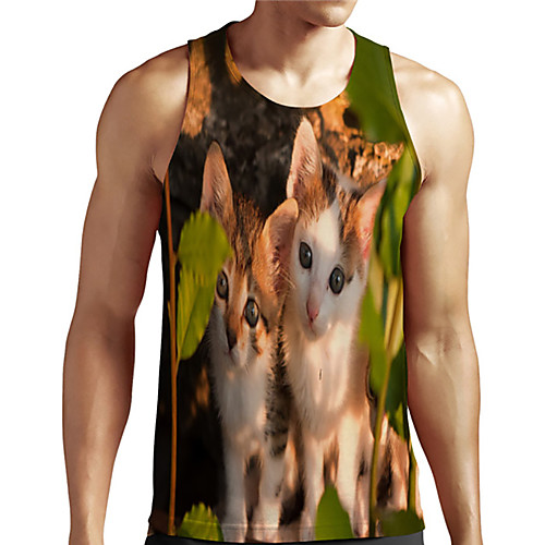 

Men's Unisex Tank Top Undershirt 3D Print Cat Graphic Prints Animal Plus Size Print Sleeveless Casual Tops Basic Designer Big and Tall Green
