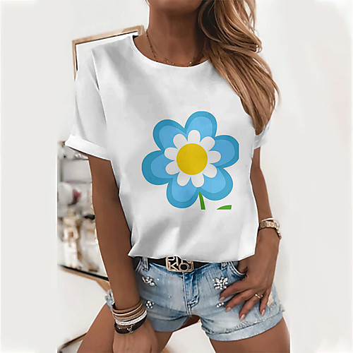 

Women's Floral Theme T shirt Floral Flower Print Round Neck Basic Tops Cotton Blue Fuchsia Green
