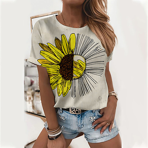 

Women's Floral Theme Painting T shirt Floral Sunflower Print Round Neck Basic Tops Yellow Green Gray