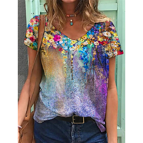

Women's T shirt Floral Plants V Neck Basic Tops Rainbow