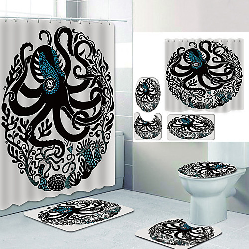 

Octopus Element Digital Printing Four-piece Set Shower Curtains and Hooks Modern Polyester Machine Made Waterproof Bathroom