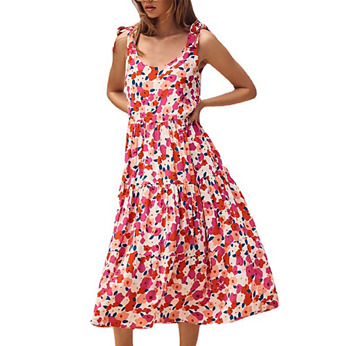 

Women's A Line Dress Midi Dress Blue Red Short Sleeve Floral Print Spring Summer Boat Neck Casual Holiday 2021 S M L XL