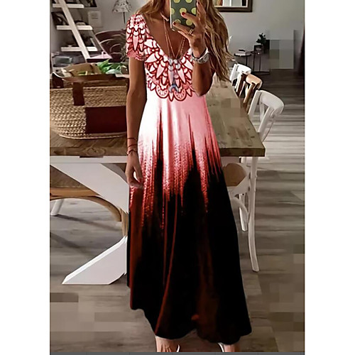 

Women's Swing Dress Maxi long Dress Wine Short Sleeve Tie Dye Print Summer V Neck Casual 2021 S M L XL XXL 3XL 4XL 5XL