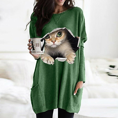 

Women's T shirt Dress Cat Graphic 3D Long Sleeve Pocket Round Neck Tops Basic Basic Top White Black Fuchsia