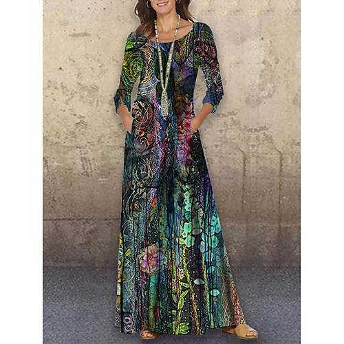 

Women's Shift Dress Maxi long Dress Purple 3/4 Length Sleeve Floral Print Print Spring Summer Round Neck Casual Holiday 2021 S M L XL XXL 3XL