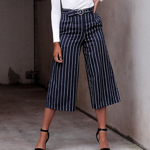 

Women's Fashion Streetwear Comfort Going out Work Wide Leg Pants Stripe Calf-Length Novelty White Blue