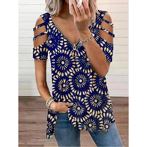 

Women's Bohemian Theme T shirt Floral Cut Out Zipper V Neck Tops Boho Basic Top Blue Royal Blue