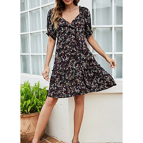 

Women's Swing Dress Knee Length Dress Blue Purple Short Sleeve Floral Print Fall Summer V Neck Elegant Casual 2021 S M L XL