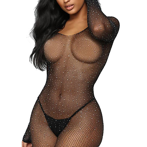 

Women's Plus Size Uniforms & Cheongsams Bodysuits Backless Sequins Mesh Solid Colored V Neck Black Big Size One-Size
