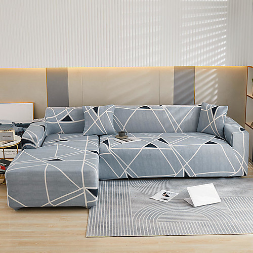 

Grey Stripes Print Dustproof All-powerful Slipcovers Stretch L Shape Sofa Cover Super Soft Fabric Couch Cover Sofa Furniture Protector With One Free Boster Case