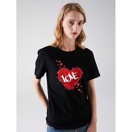 

Women's T shirt Heart Print Round Neck Basic Tops Black Khaki Green