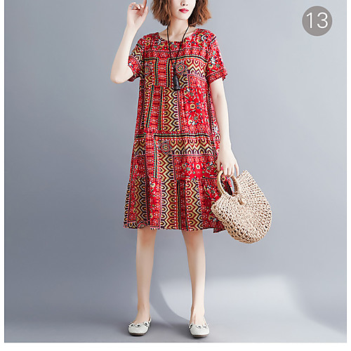

cotton and linen dress women's plus size fat mm summer fashion print big short-sleeved mid-length cotton and linen skirt