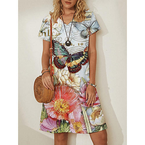 

Women's A Line Dress Knee Length Dress Multicolor_1 White Short Sleeve Floral Animal Summer Square Neck Elegant Casual Holiday Loose 2021 M L XL XXL 3XL 4XL 5XL / Cotton / Cotton