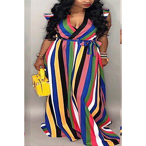 

Women's Swing Dress Maxi long Dress Rainbow Sleeveless Stripes Spring Summer Casual / Daily 2021 S M L XL XXL