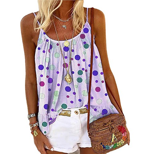 

Women's Camisole Blouse Polka Dot Paisley Print Round Neck Boho Tops Purple Blushing Pink Green